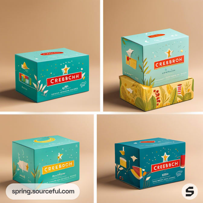 Turquoise boxes with nature-inspired illustrations on a tan surface.