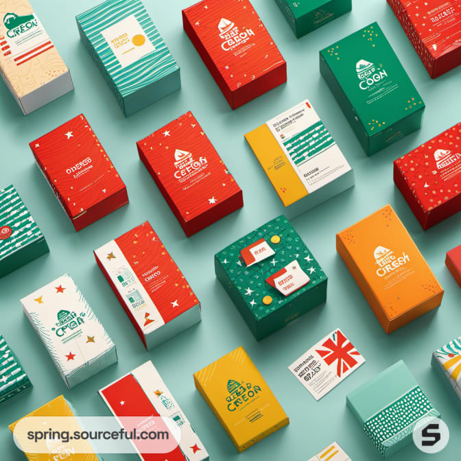 Red, green, and orange boxes with festive motifs on light background.