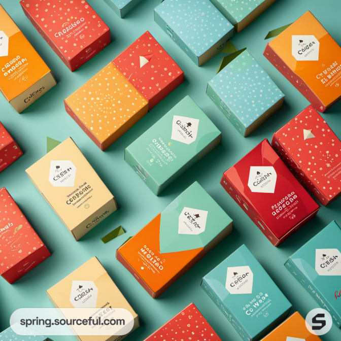 Patterned boxes in pastel colors arranged on a teal surface.