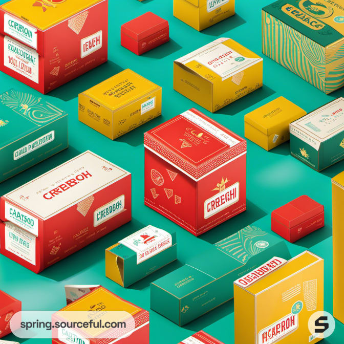 Bright red and green boxes with geometric motifs on teal background.