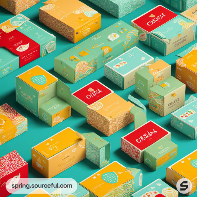 Orange and teal boxes with whimsical designs on a vibrant surface.