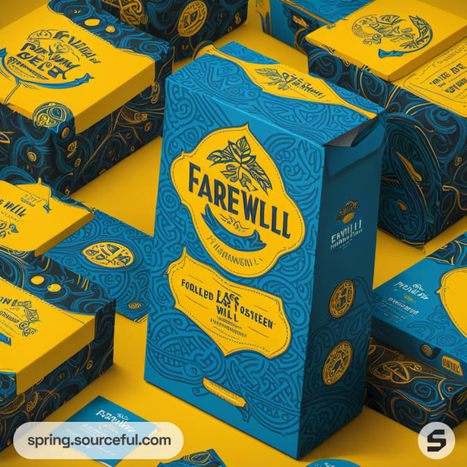Blue and yellow mailer boxes with intricate patterns and branding.