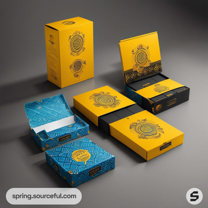 Open yellow and blue boxes with geometric and circular designs.