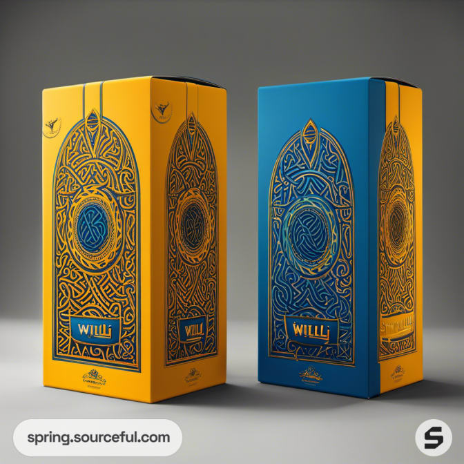 Tall yellow and blue boxes with ornate pattern and arch designs.