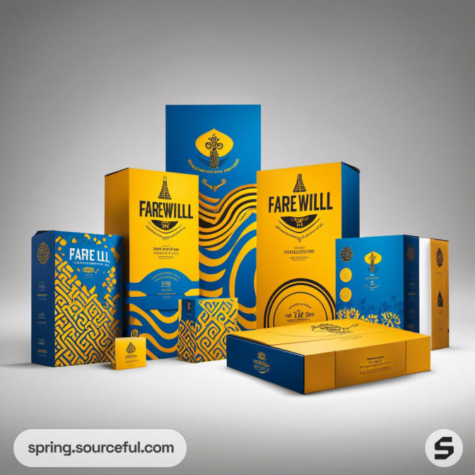 Collection of blue and yellow boxes with wave and pattern designs.