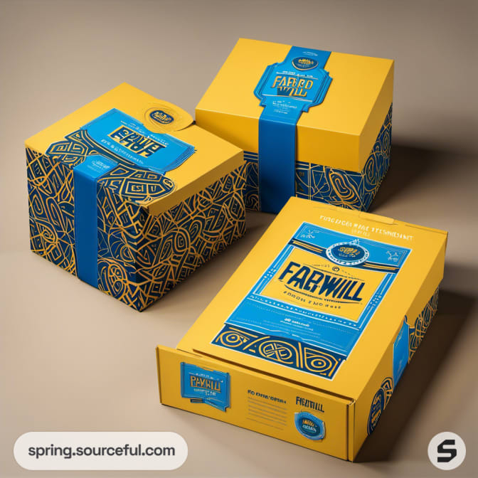Three yellow boxes with blue patterned accents and branding.