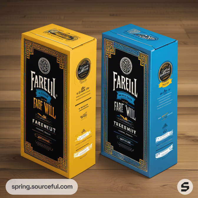 Tall rectangular boxes, one in yellow and one in blue with detailed design.