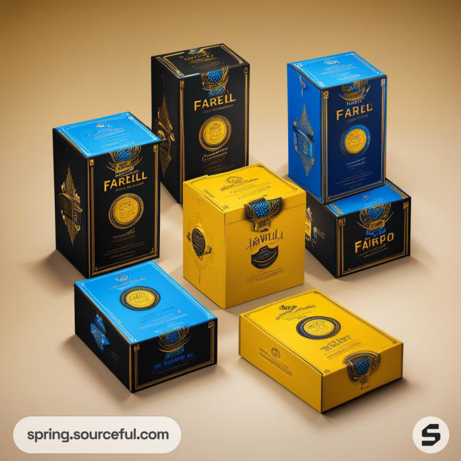 Various blue and yellow boxes with intricate designs on beige background.