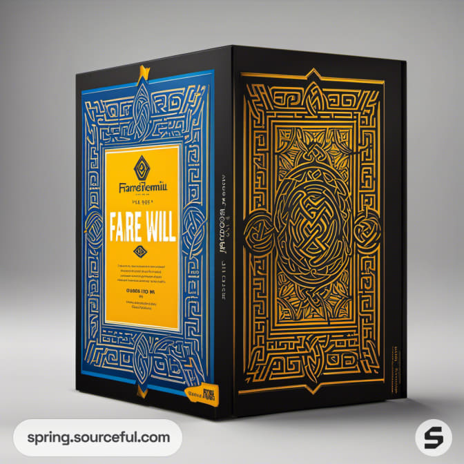 Black box with yellow and blue panels and intricate print design.