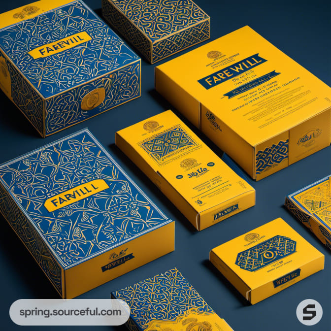 Blue and yellow boxes with detailed patterns on dark surface.