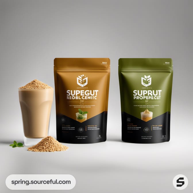Two resealable pouches with nutrition labels and a glass of shake on a plain background.