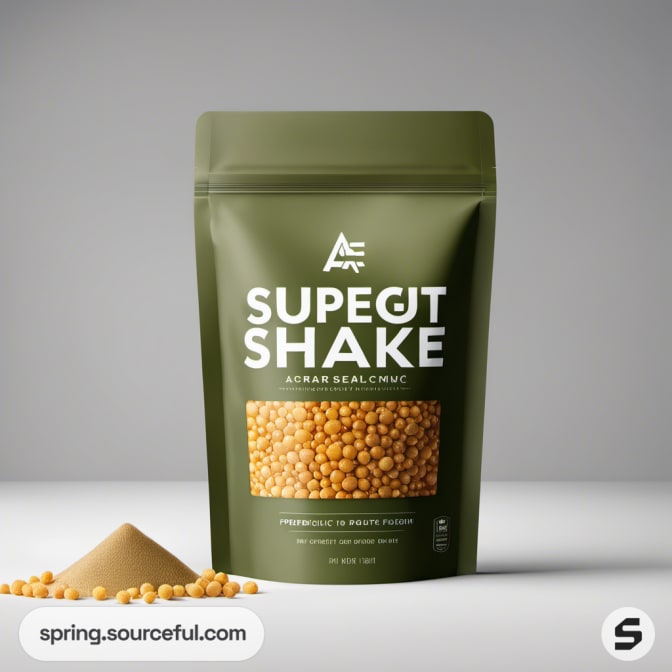 Green resealable pouch labeled 'SUPEGUT SHAKE' with nutritional design elements.