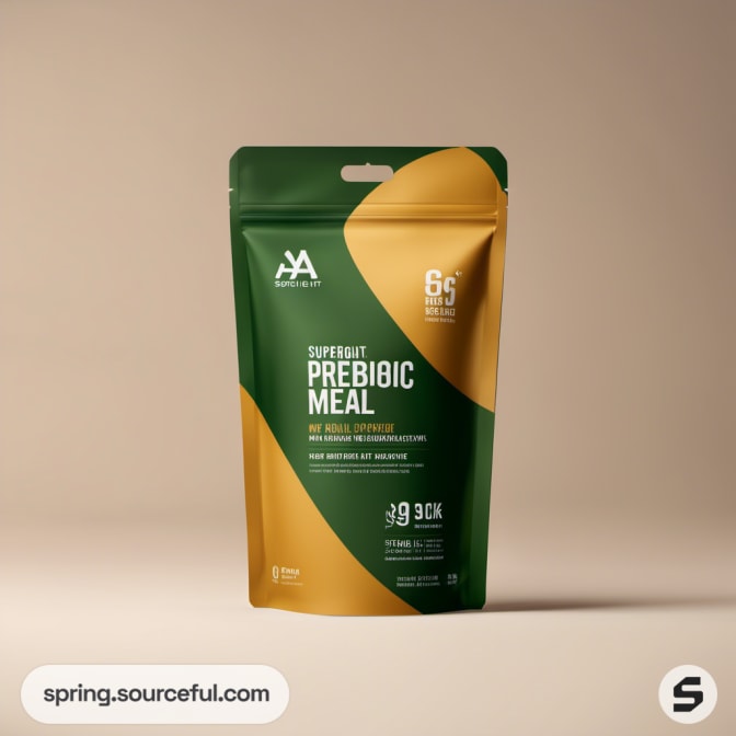 Green and gold resealable pouch labeled 'SUPERZET PREBIOTIC MEAL' on beige background.