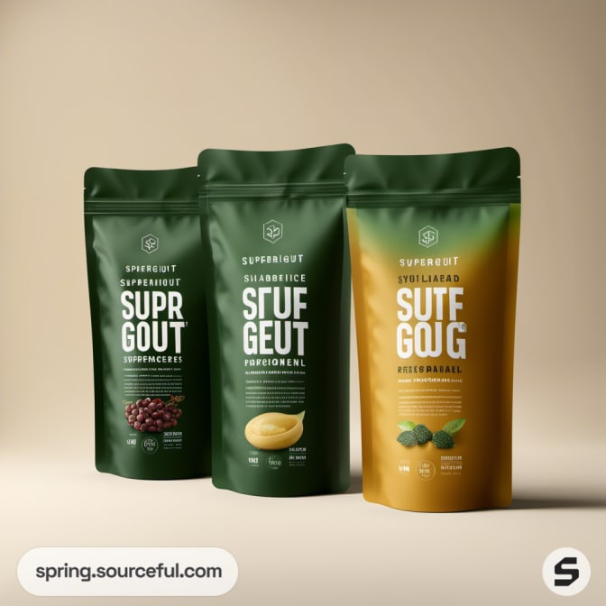 Three green resealable pouches with varied labels on a beige background.