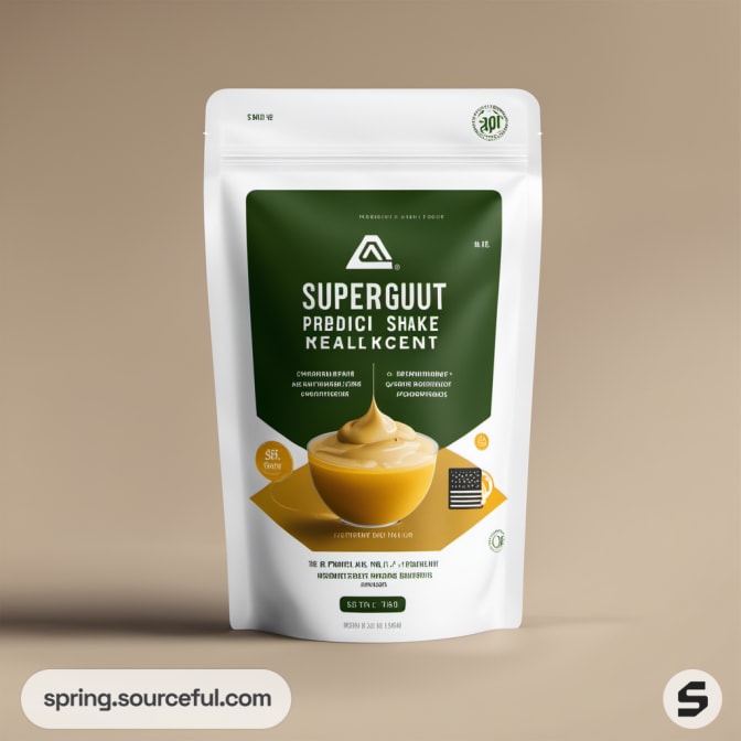 White resealable pouch labeled 'SUPERGUUT PROBICI SHAKE' with a cup graphic.