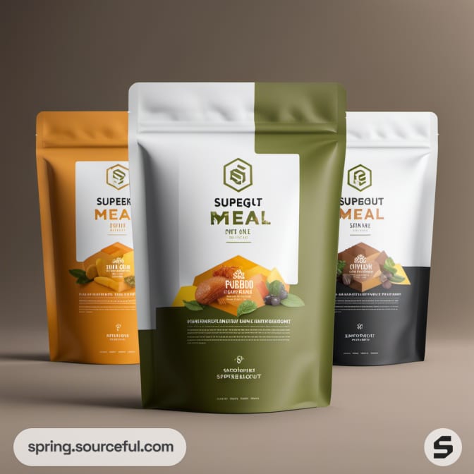 Three resealable pouches labeled 'SUPEGUT MEAL' in different colors.