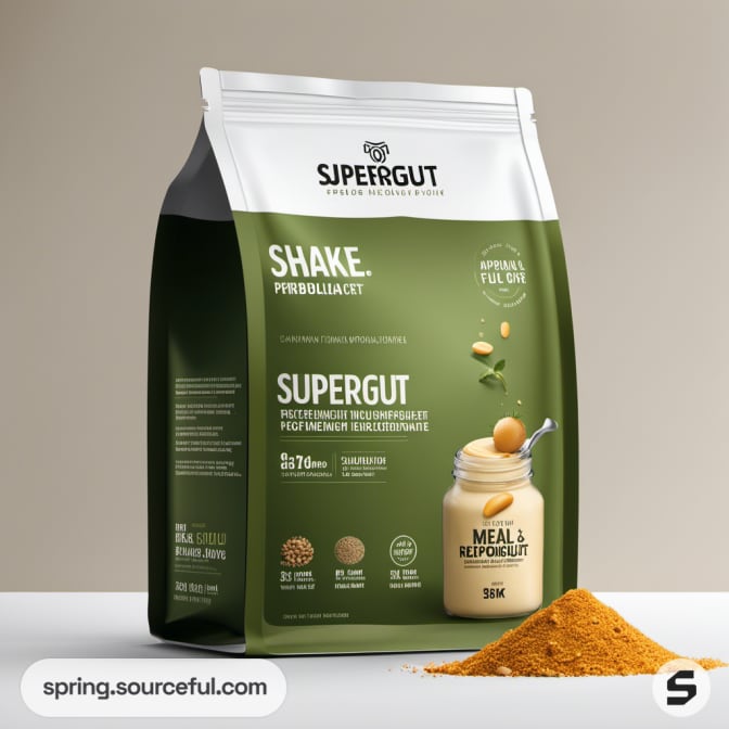 Large white and green resealable pouch labeled 'SJPERGUT' with nutrition details.