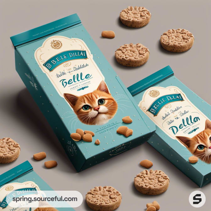 Teal kitty-shaped biscuit box with cat image and biscuits scattered.