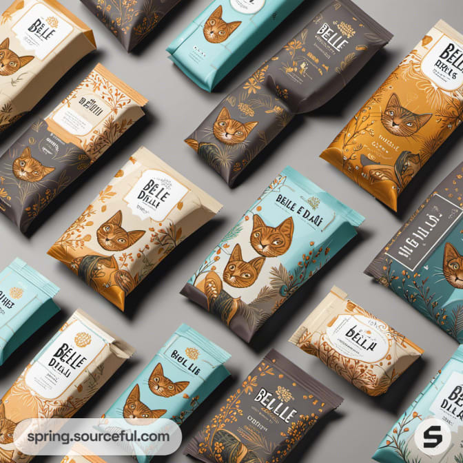 Variety of cat-themed packaging with illustrations and diverse color schemes.