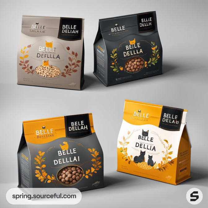 Four cat food boxes with botanical designs, black and orange accents.