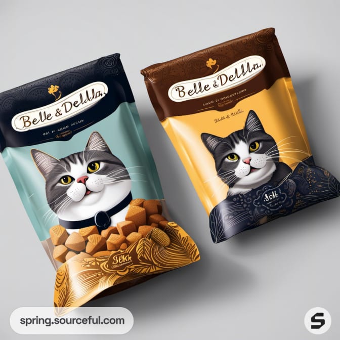 Two cat treat bags with cat illustrations and gold and teal themes.