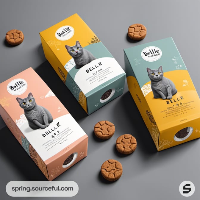 Three colorful cat food boxes with cat illustrations and biscuits around.