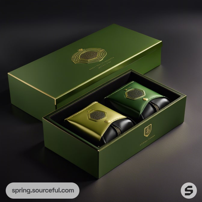 Green rectangular box with two black bottles and green pouches inside, featuring gold accents on the packaging.
