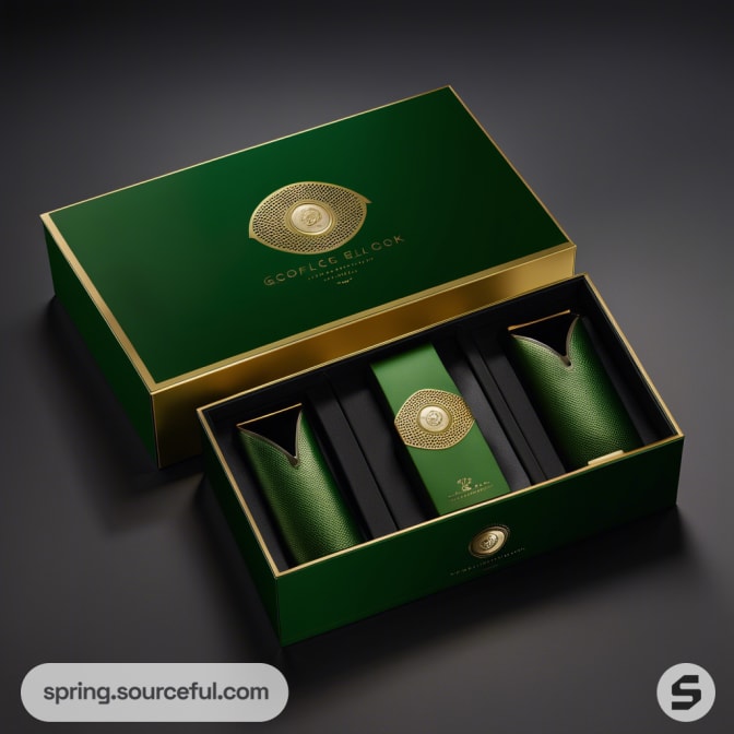 Luxurious green and gold skincare gift box with elegant cream tubes and bottle inside, presented on a dark background.