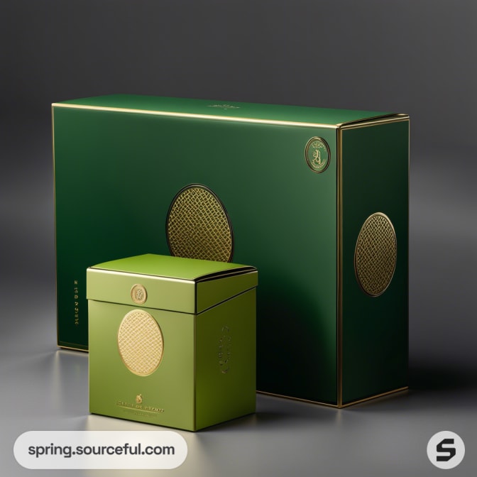 Elegant green boxes with gold embossed patterns.