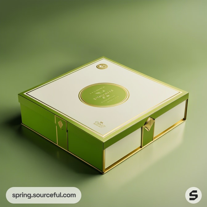 Square gift box with green and gold accents on a light green background.