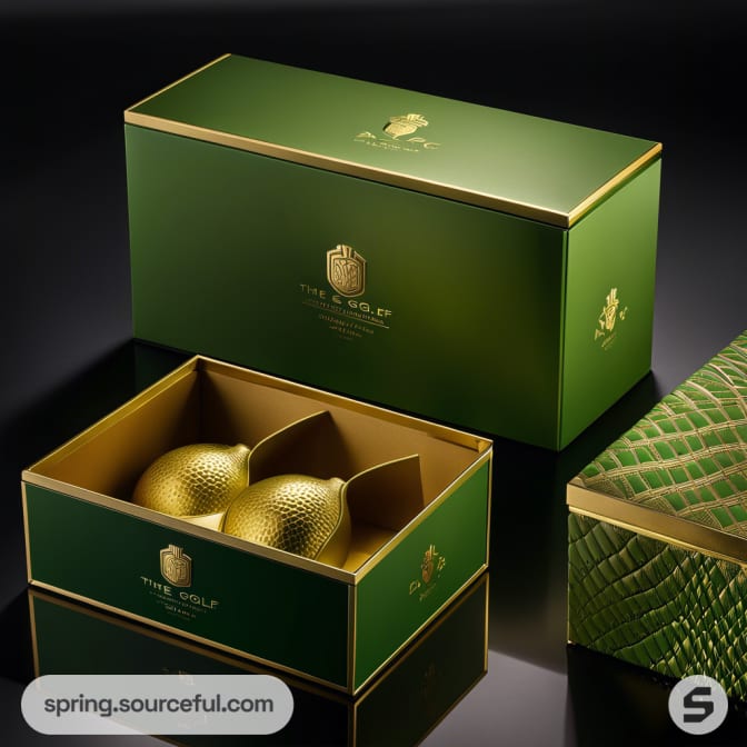 Green and gold luxury gift boxes with embossed designs, featuring two gold-textured spheres inside.