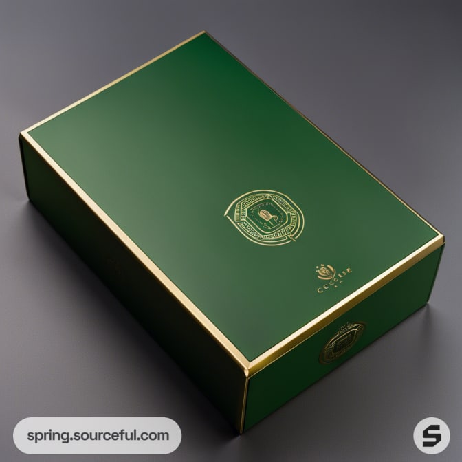 Elegant green box with gold trim on a gray background.