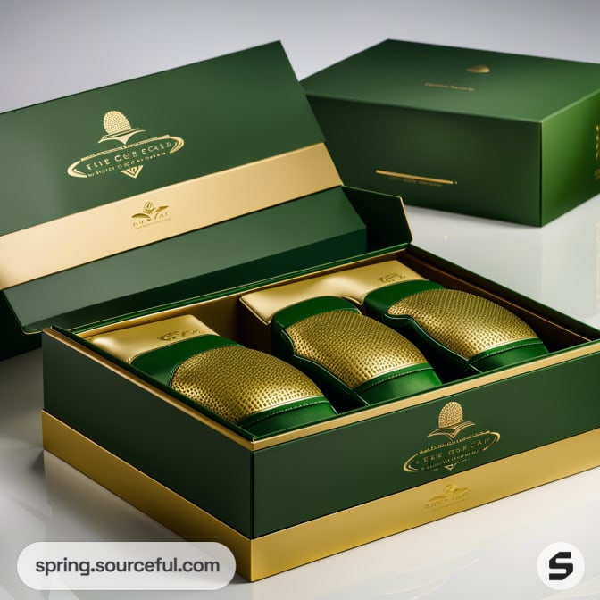Green and gold gift box with three luxury items inside.