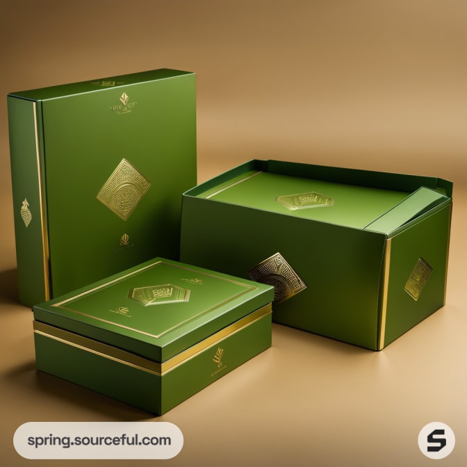 Green rectangular boxes with gold accents on a tan background.
