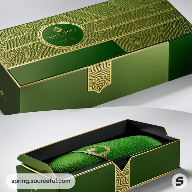 Green and gold geometric pattern luxury gift box with textured green inner packaging.