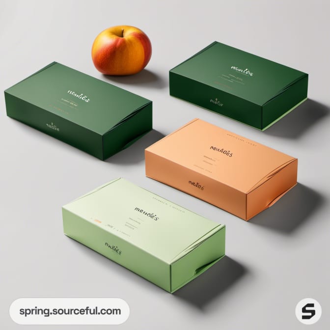 Green and peach mailer boxes with an apple on beige background.