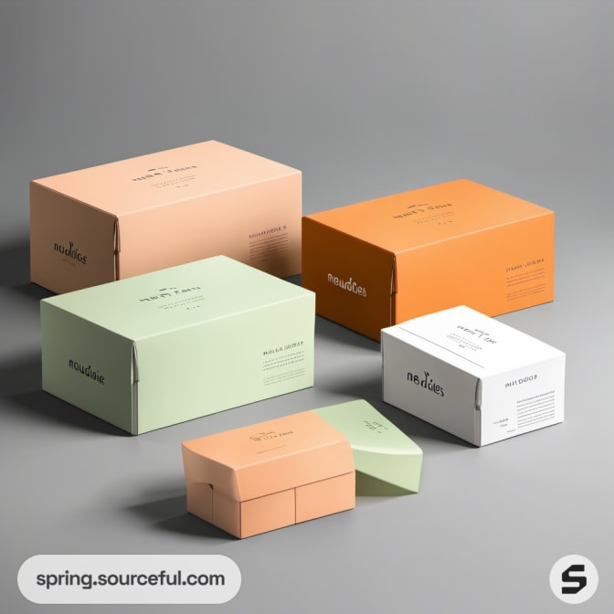 Assorted pastel-colored cardboard boxes on gray background.