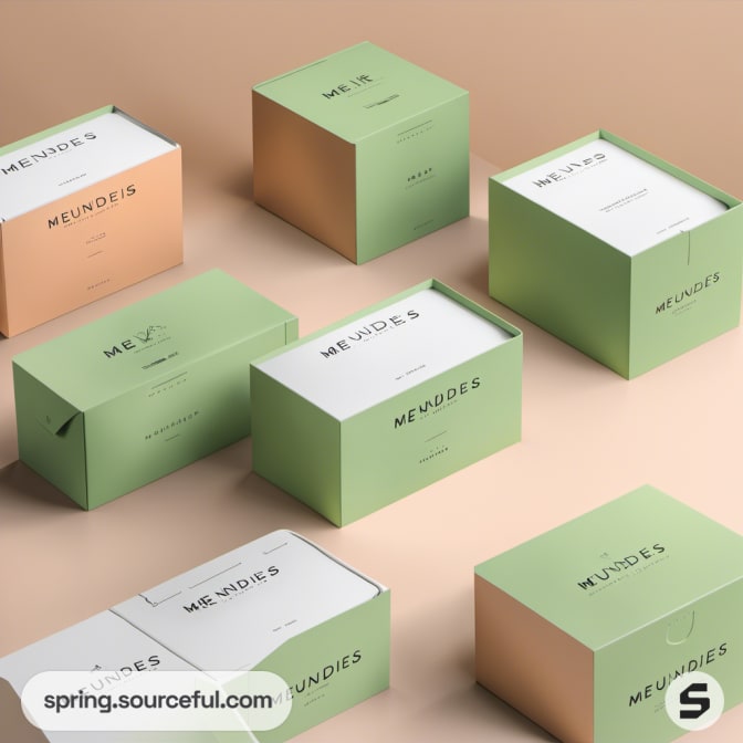 Green and peach boxes with 'MEUNDIES' text on beige surface.