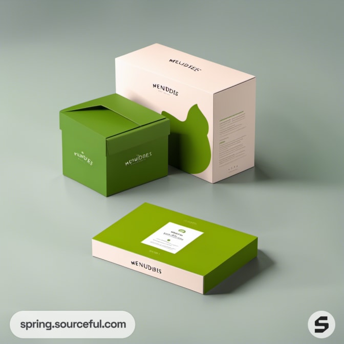 Green and peach product boxes with pear graphic on soft green background.