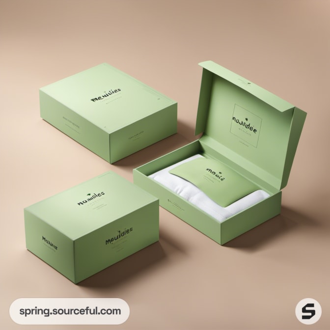 Open and closed green boxes with white product inside on beige surface.
