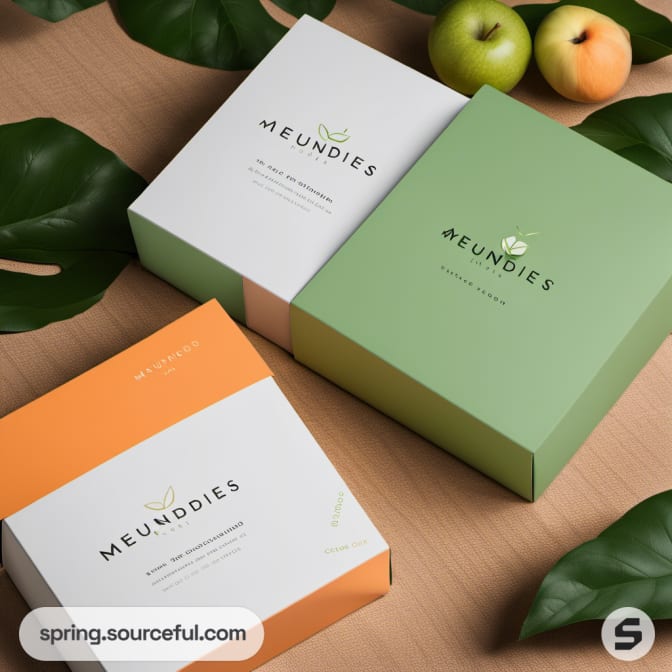 Orange, green, and white boxes with apples and leaves on wood background.