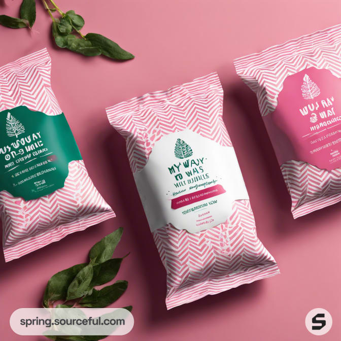 Three resealable pouches with pink and green designs on a pink background.