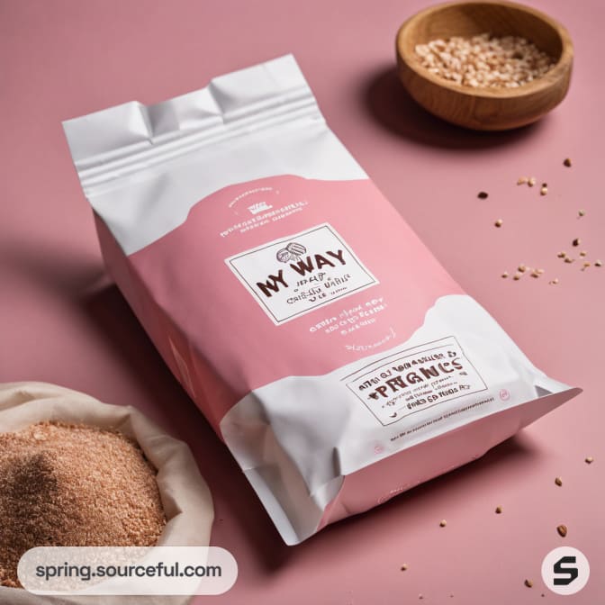 Pink resealable bag with white details on a pink surface with grains around.