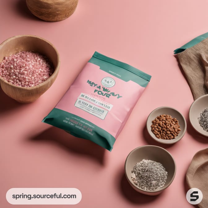 Resealable pouch with pink and green design surrounded by different seeds.