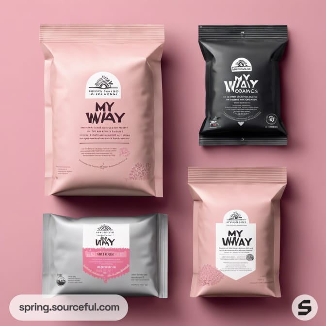 Four resealable pouches in black, pink, and silver on a pink background.