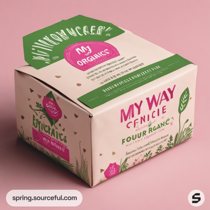Square cardboard box with pink and green design on a pink surface.