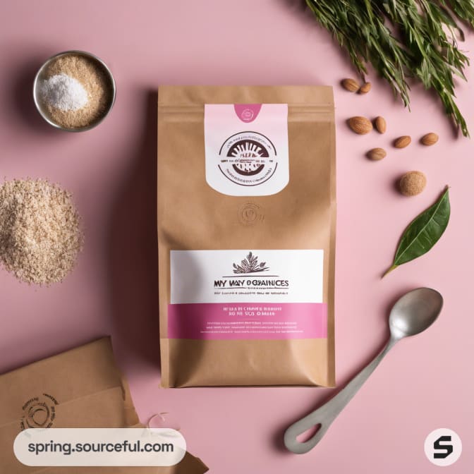 Brown paper resealable bag on pink surface with ingredients around.