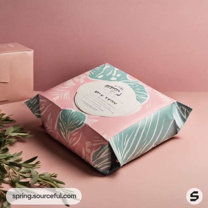 Pastel pink and teal wrapping with leaf pattern on a pink surface.