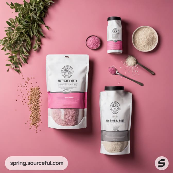Two stand-up pouches with pink detailing on pink background with grains.