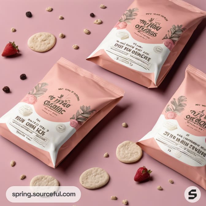 Three pink snack bags with fruit designs on a pink surface.